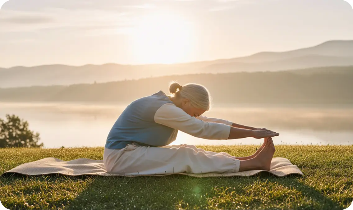 elderly woman doing yoga by lake and mountains